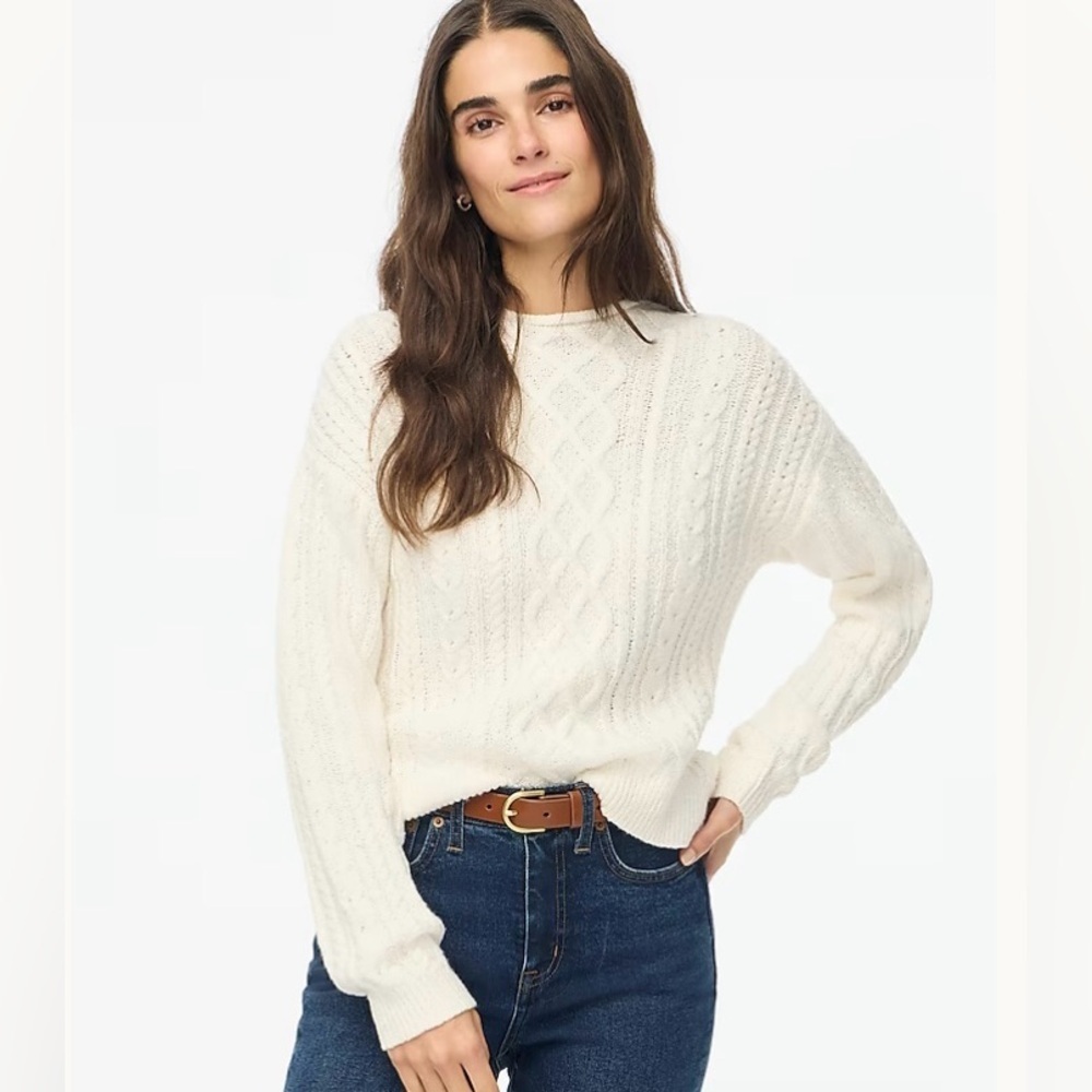 J. Crew Women's Cream/White Cable Knit Sweater, Mock Neck, Long Sleeve, Size XS